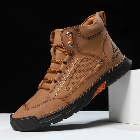 Men's Casual PU Leather Martin Boots Fashion Hand Stitched Ankle Boots Non-Slip Flat Lace Up Outdoor Boots For Men
