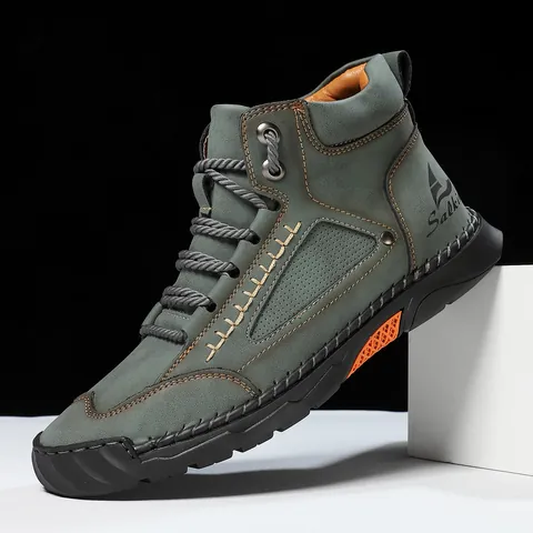 Men's Casual PU Leather Martin Boots Fashion Hand Stitched Ankle Boots Non-Slip Flat Lace Up Outdoor Boots For Men