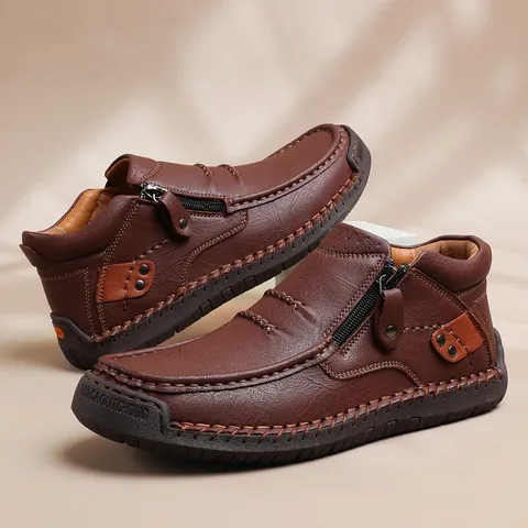 Chaussures Décontractées en Cuir Microfibre pour Hommes Bottes Mi-hautes Cousues Main Avec Fermeture Éclair Latérale Semelle en Caoutchouc Antidérapante Chaussures Grandes Pointures