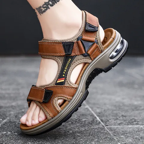 Sandalias de Exterior para Hombre de Cuero de Vaca de Primera Capa Con Cámara de Aire Sandalias de Playa Ajustables de Cierre Adhesivo Zapatos de Senderismo Casuales Transpirables