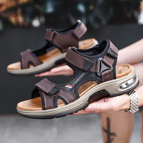 Sandalias de Exterior para Hombre de Cuero de Vaca de Primera Capa Con Cámara de Aire Sandalias de Playa Ajustables de Cierre Adhesivo Zapatos de Senderismo Casuales Transpirables