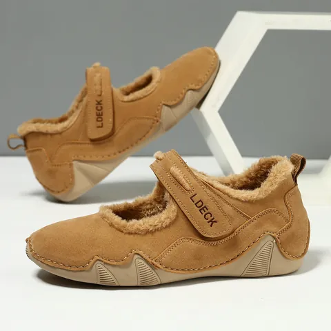 Women Casual Warm Shoes Fleece Lined Faux Suede Sneakers Hook And Loop Fastener Non-Slip Outdoor Walking Flat Shoes