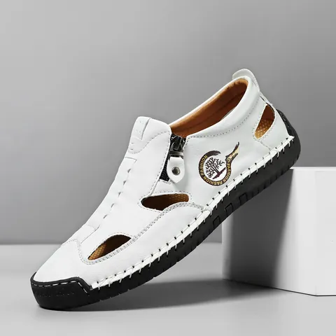 Men's Casual Microfiber Leather Hollow Out Sandals Breathable Side Zipper Hand Stitched Rubber Sole Outdoor Beach Sports Shoes