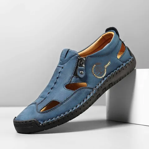 Men's Casual Microfiber Leather Hollow Out Sandals Breathable Side Zipper Hand Stitched Rubber Sole Outdoor Beach Sports Shoes