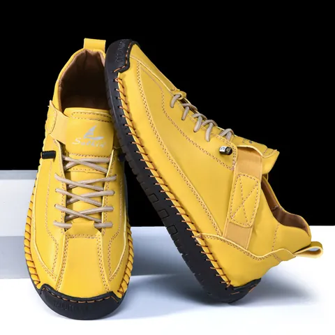 Casual PU Leather Men Women Outdoor Shoes Hand-stitched Wear-resistant Lace-up Hook-and-loop Flat Footwear Non-slip Rubber Sole Daily Walking Shoes