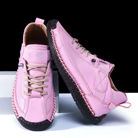Casual PU Leather Men Women Outdoor Shoes Hand-stitched Wear-resistant Lace-up Hook-and-loop Flat Footwear Non-slip Rubber Sole Daily Walking Shoes