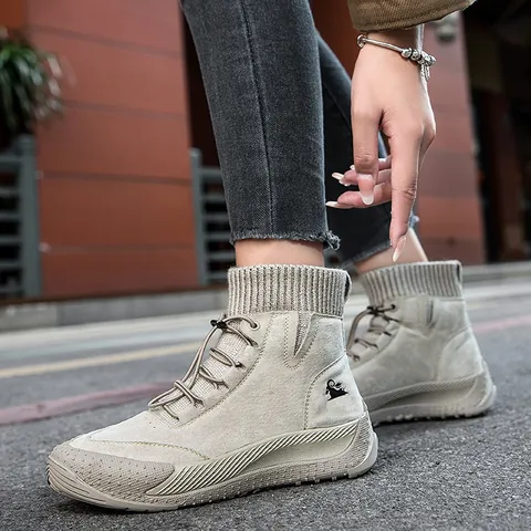 Women Genuine Pigskin Leather Martin Boots With Knit Sock Collar Thick Rubber Sole Elastic Drawstring Casual Outdoor Boots