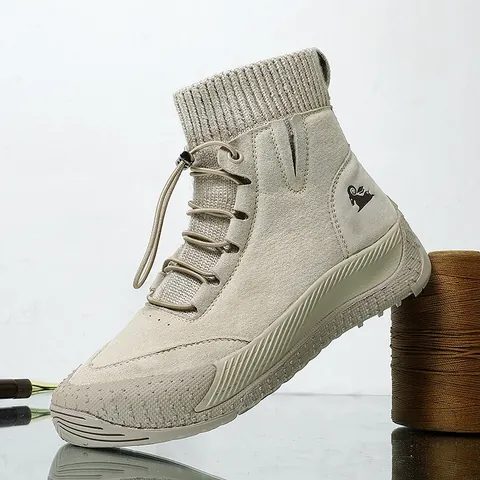 Women Genuine Pigskin Leather Martin Boots With Knit Sock Collar Thick Rubber Sole Elastic Drawstring Casual Outdoor Boots