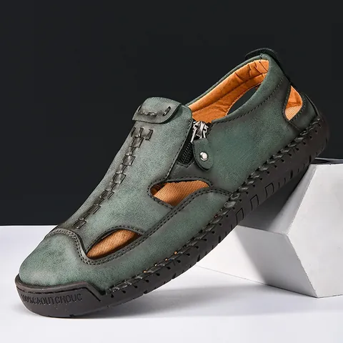 Sandalias Casuales de Cuero de Microfibra para Hombre Zapatos de Playa Transpirables con Puntera Cerrada y Cremallera Lateral Suela de Goma