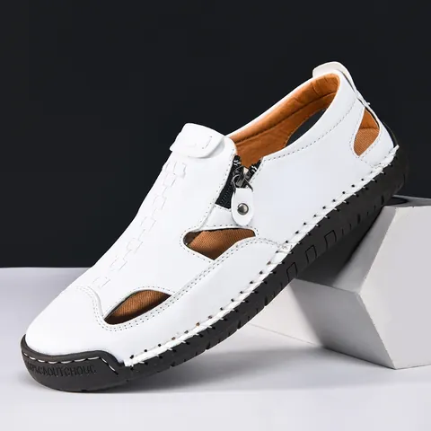 Sandalias Casuales de Cuero de Microfibra para Hombre Zapatos de Playa Transpirables con Puntera Cerrada y Cremallera Lateral Suela de Goma
