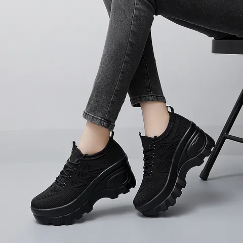 Women Wedge Platform Sneakers Breathable Flyknit Casual Walking Shoes Lightweight Slip On Comfort Footwear Heart Decor Fashion Shoes