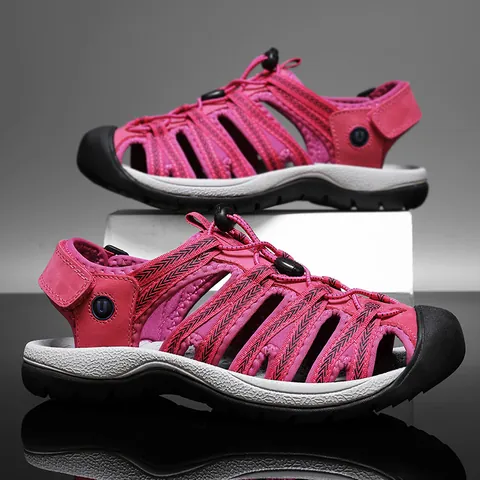Women Outdoor Hiking Sandals Closed Toe Anti-slip Breathable Mesh Genuine Leather Beach Shoes With Elastic Drawstring Summer Casual Water Shoes