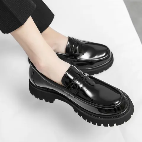 Men Black Platform Loafers British Style Glossy Matte Microfiber Leather Lug Sole Slip On Casual Formal Dress Shoes