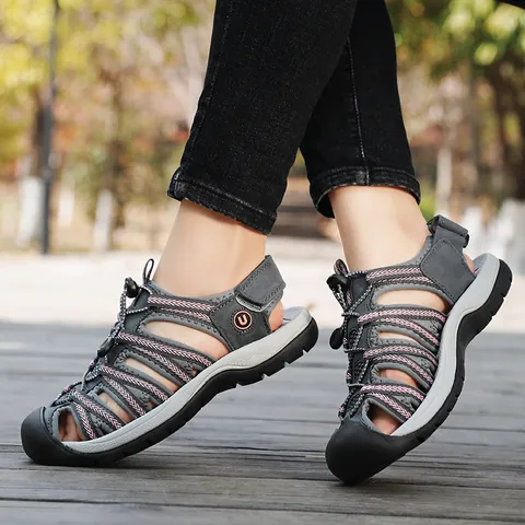 Women Outdoor Hiking Sandals Closed Toe Anti-slip Breathable Mesh Genuine Leather Beach Shoes With Elastic Drawstring Summer Casual Water Shoes