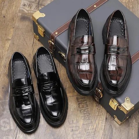 Men Business Casual Loafers Crocodile Pattern PU Leather Slip On Lug Sole Wedding Shoes Formal Retro Gentleman Dress Shoes