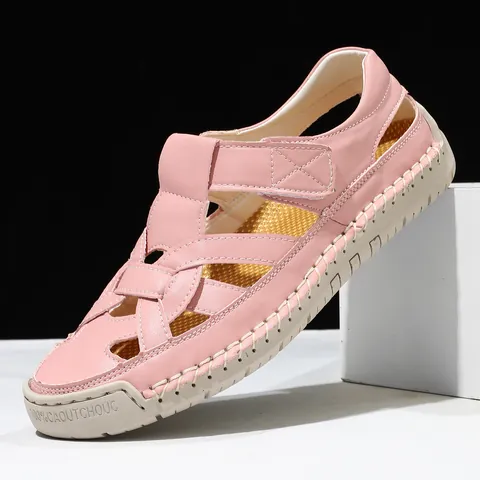 Women Summer Roman Flat Sandals Woven Microfiber Leather Upper Rubber Soft Sole Lightweight Non-Slip Beach Casual Shoes For Women