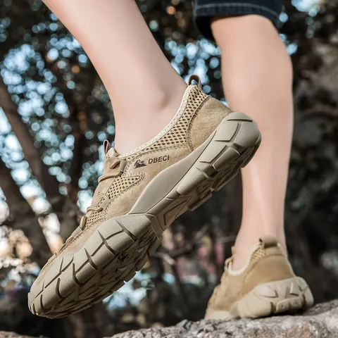 DBECI Men Outdoor Casual Shoes Breathable Pigskin Mesh Hiking Sneakers Anti-Slip Wear-Resistant Walking Shoes For Men