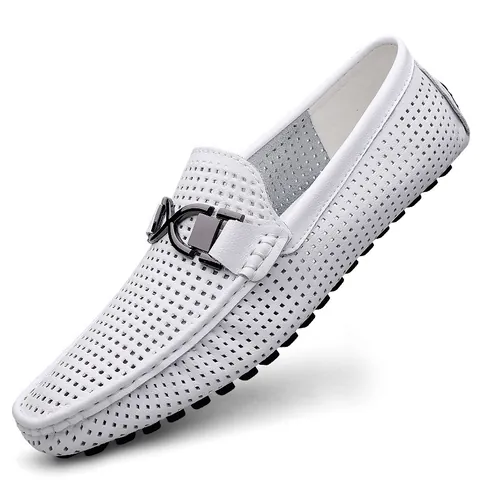 Mocassini da Uomo Estivi Traspiranti in Pelle Intagliata Scarpe Doudou con Fibbia in Metallo Scarpe da Guida Casual Perforate