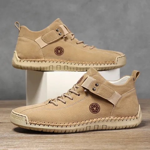 Men's Casual Microfiber Leather Shoes Hand-Sewn Outdoor Work Boots Flat Slip-On Loafers With Rubber Sole Star Logo For Men