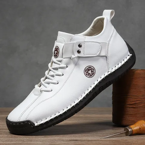 Men's Casual Microfiber Leather Shoes Hand-Sewn Outdoor Work Boots Flat Slip-On Loafers With Rubber Sole Star Logo For Men