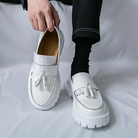 Men's Fashion Patent Leather Tassel Loafers British Style Thick Sole Platform Dress Shoes Casual Slip-On Walking Shoes For Men