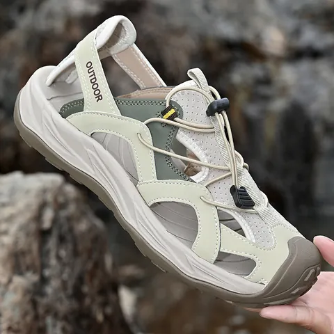Herren Outdoor Sandalen Kuhleder Atmungsaktives Mesh Geschlossene Zehenpartie Rutschfeste Gummisohle Wandern Strand Sportschuhe Sommer Freizeit