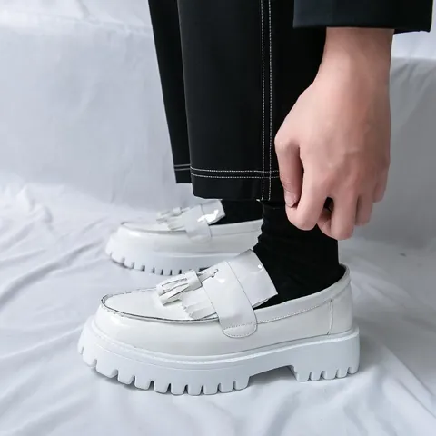 Men's Fashion Patent Leather Tassel Loafers British Style Thick Sole Platform Dress Shoes Casual Slip-On Walking Shoes For Men