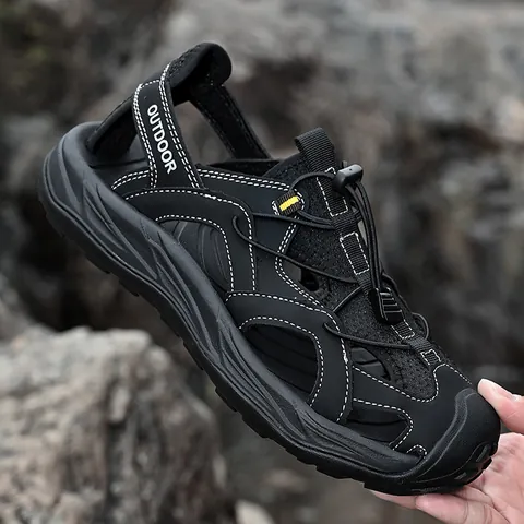 Herren Outdoor Sandalen Kuhleder Atmungsaktives Mesh Geschlossene Zehenpartie Rutschfeste Gummisohle Wandern Strand Sportschuhe Sommer Freizeit