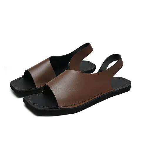 Men's Casual Microfiber Leather Sandals Square Toe Slingback Flat Beach Shoes Summer Roman Sandals Black Brown