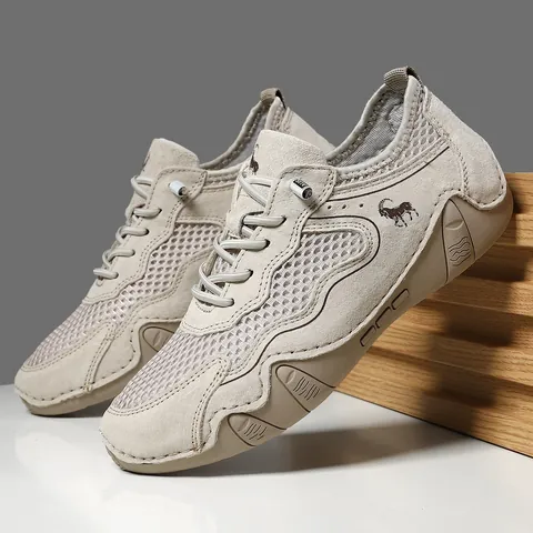 Unisex Outdoor Breathable Mesh Sneakers Pigskin Patchwork Casual Walking Shoes Lightweight Non-Slip Sports Shoes Summer Fashion Footwear