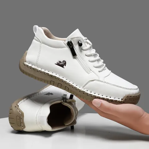 Hand-Stitched Microfiber Leather Casual Shoes Soft Sole Flat Shoes With Side Zipper Laces For Adult All Seasons
