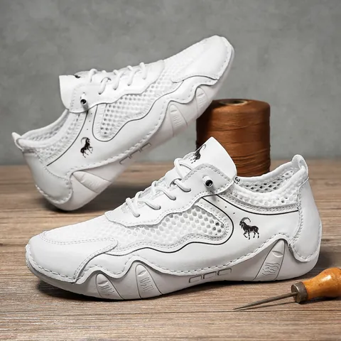 Unisex Outdoor Breathable Mesh Sneakers Pigskin Patchwork Casual Walking Shoes Lightweight Non-Slip Sports Shoes Summer Fashion Footwear