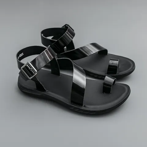 Men Fashion Toe Loop Sandals PU Leather Metal Buckle Casual Summer Outdoor Street Beach Shoes Non Slip Rubber Sole Breathable Footwear