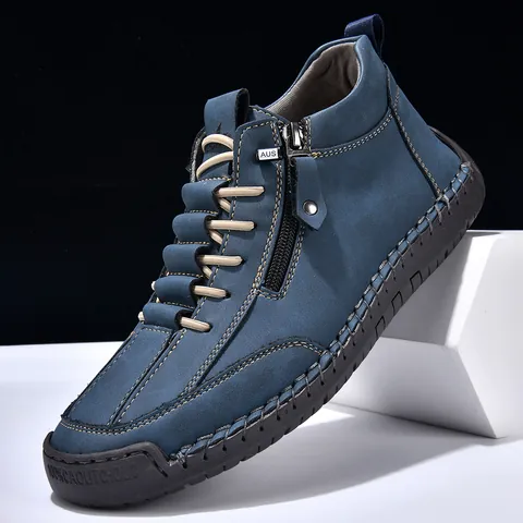 British Style Men Casual Martin Boots Mid Top Side Zipper Lace Up Non Slip Rubber Sole Work Shoes Solid Color