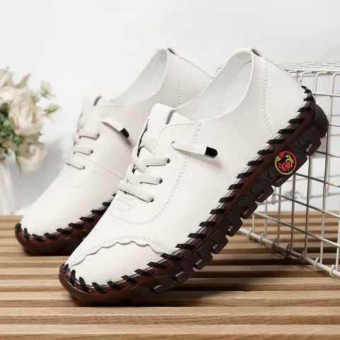 Women's Casual Microfiber Leather Shoes Hand-stitched Soft Beef Tendon Sole Slip-on Loafers Breathable Comfort Walking Shoes