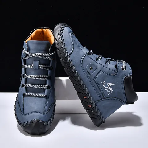 Men Fashion Patchwork PU Leather Ankle Boots Hand-stitched Flat Lace-up Casual Outdoor High-top Work Walking Boots