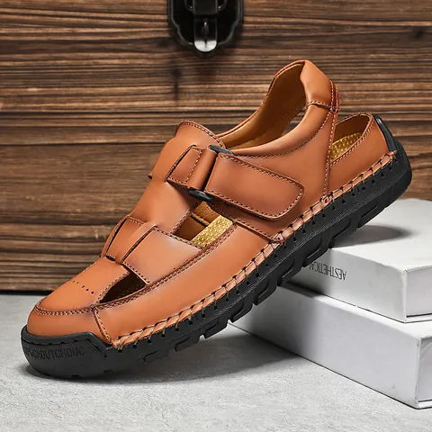 Sandalias Casuales de Cuero de Vaca de Primera Capa para Hombre Punta Cerrada Aire Libre Transpirable Suela de Caucho