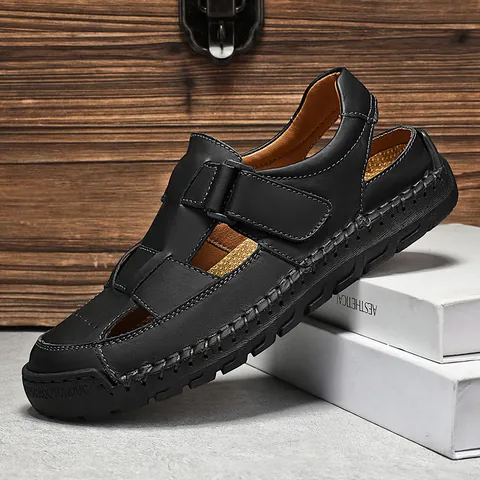 Sandalias Casuales de Cuero de Vaca de Primera Capa para Hombre Punta Cerrada Aire Libre Transpirable Suela de Caucho