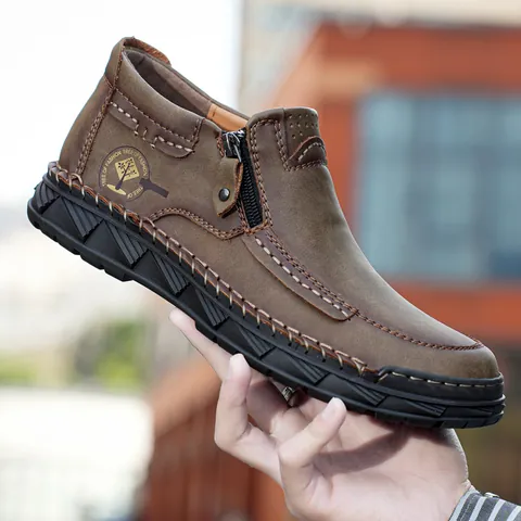 Men's Genuine Cow Leather Martin Boots Autumn Winter Outdoor Side Zipper Casual Hand Stitched Work Boots Non Slip Fashion Footwear