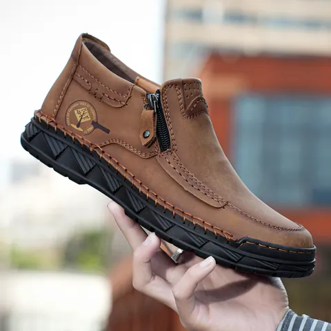 Men's Genuine Cow Leather Martin Boots Autumn Winter Outdoor Side Zipper Casual Hand Stitched Work Boots Non Slip Fashion Footwear