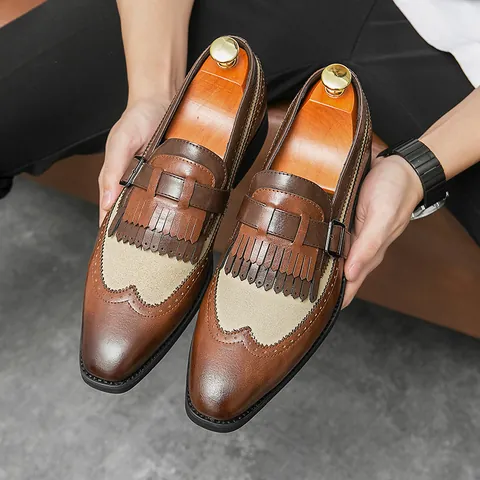 Men's British Style Brogue Loafers With Tassels And Monk Strap Color Block PU Leather Formal Casual Slip On Shoes For Men