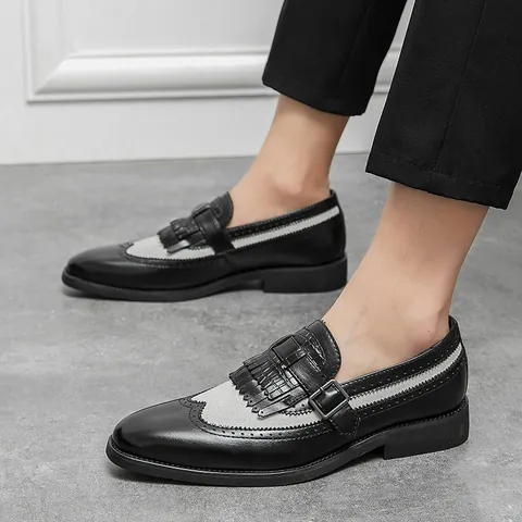 Men's British Style Brogue Loafers With Tassels And Monk Strap Color Block PU Leather Formal Casual Slip On Shoes For Men
