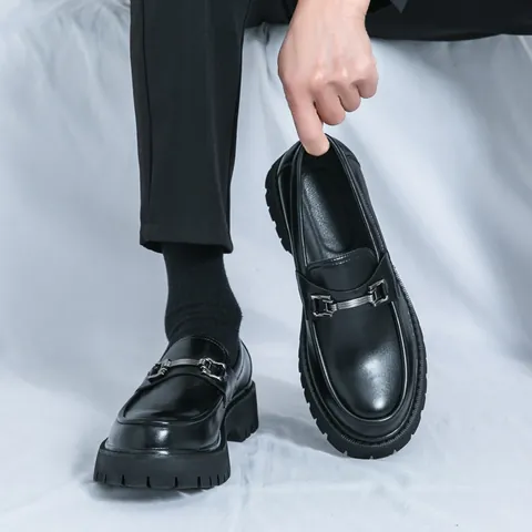 Men's Thick Sole Platform Loafers Synthetic Leather Metal Buckle Slip On Shoes Casual British Style Trendy Fashion Height Increasing Footwear