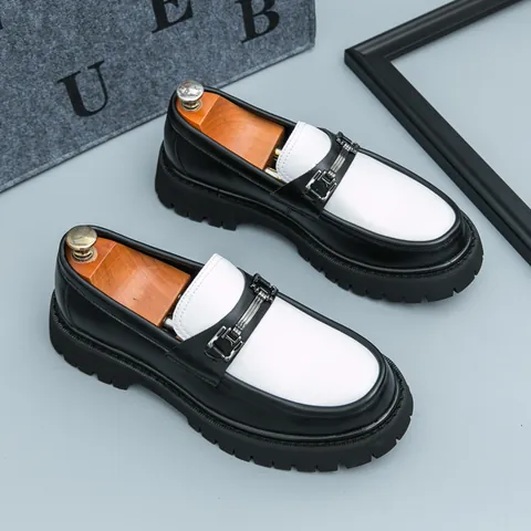 Men's Thick Sole Platform Loafers Synthetic Leather Metal Buckle Slip On Shoes Casual British Style Trendy Fashion Height Increasing Footwear