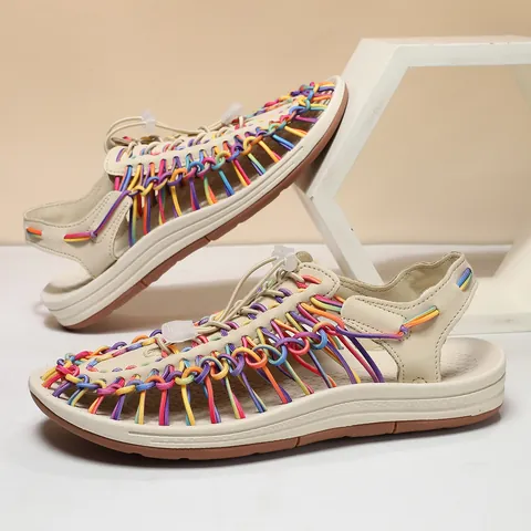 Summer Woven Sandals For Women Men Outdoor Breathable Beach Water Shoes Elastic Cord Hand Woven Closed Toe Casual Sport Shoes