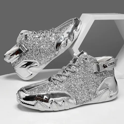LDECK Uomo Donna Moda Sneaker Alte Glitter Bling Metallic Stivali Martin Casual Traspirante Streetwear Scarpe Basse Cucite