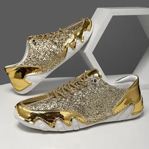 Men Women Fashion Glitter Sequin Low Top Casual Shoes Mirror Metallic Leather Lace Up Wavy Sole Sneakers Party Fashion Walking Shoes
