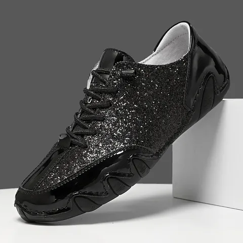 Men Women Fashion Glitter Sequin Low Top Casual Shoes Mirror Metallic Leather Lace Up Wavy Sole Sneakers Party Fashion Walking Shoes