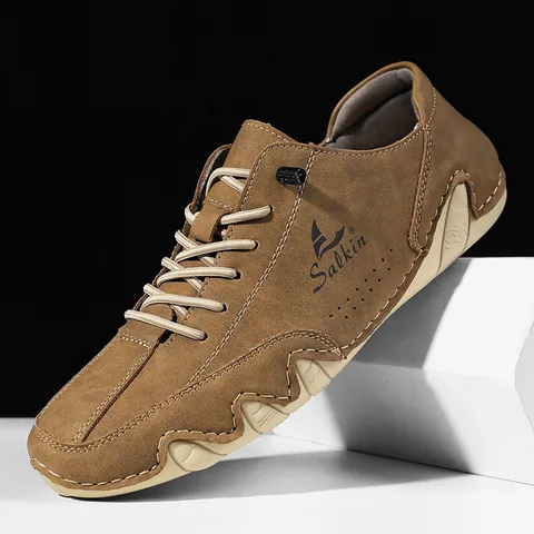 Men Casual PU Leather Shoes High Top Martin Boots Breathable Wavy Rubber Sole Lace Up Vintage Formal Flat Walking Footwear
