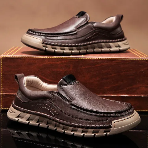 Men's Casual Faux Leather Shoes Hand Stitched Slip On Loafers Waterproof Non Slip Outdoor Business Casual Walking Shoes